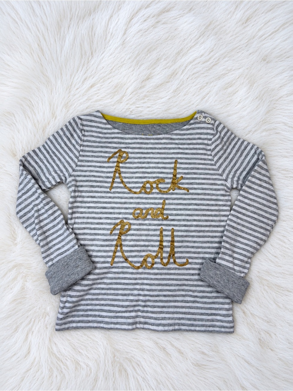 Mini Boden Rock and Roll Striped Long Sleeve Tee Gray & Yellow Girls 4-5Y